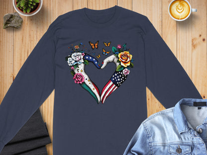 Heart Shaped American and Mexican Flag Long Sleeve Shirt