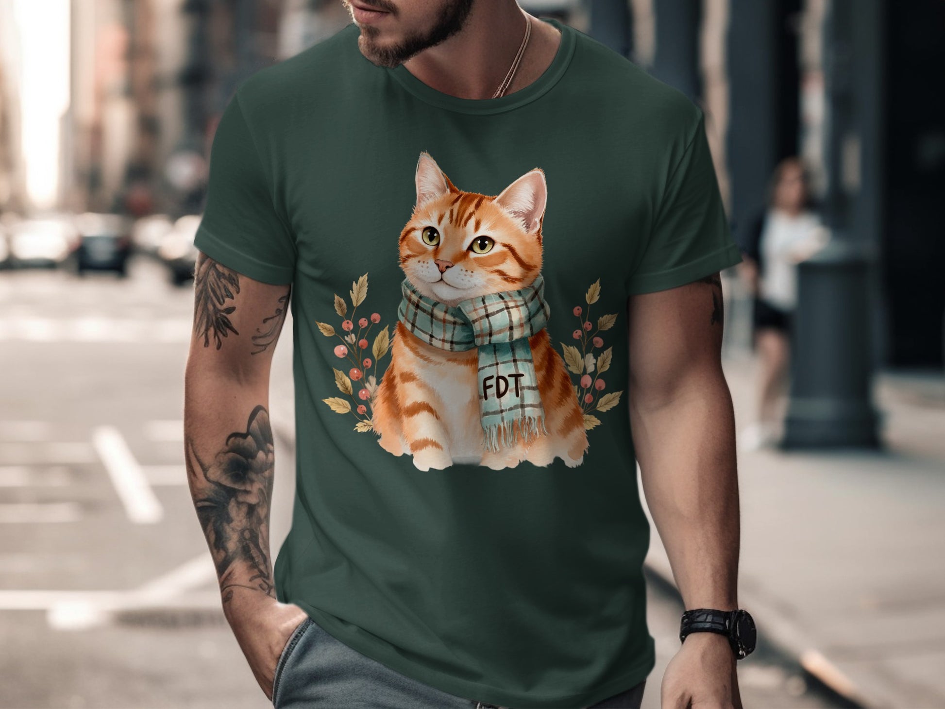 Adorable Orange Tabby Cat with Plaid Scarf T-shirt