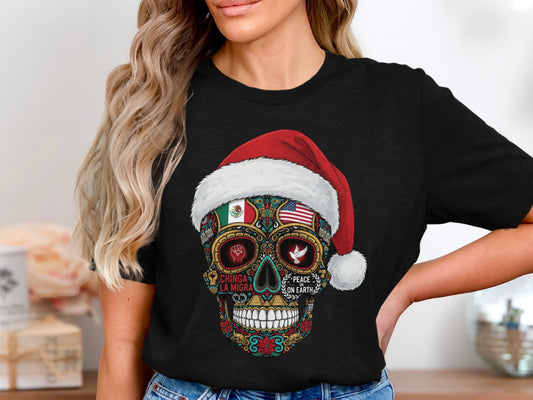Chinga La Migra Sugar Skull Santa Hat Graphic Tee
