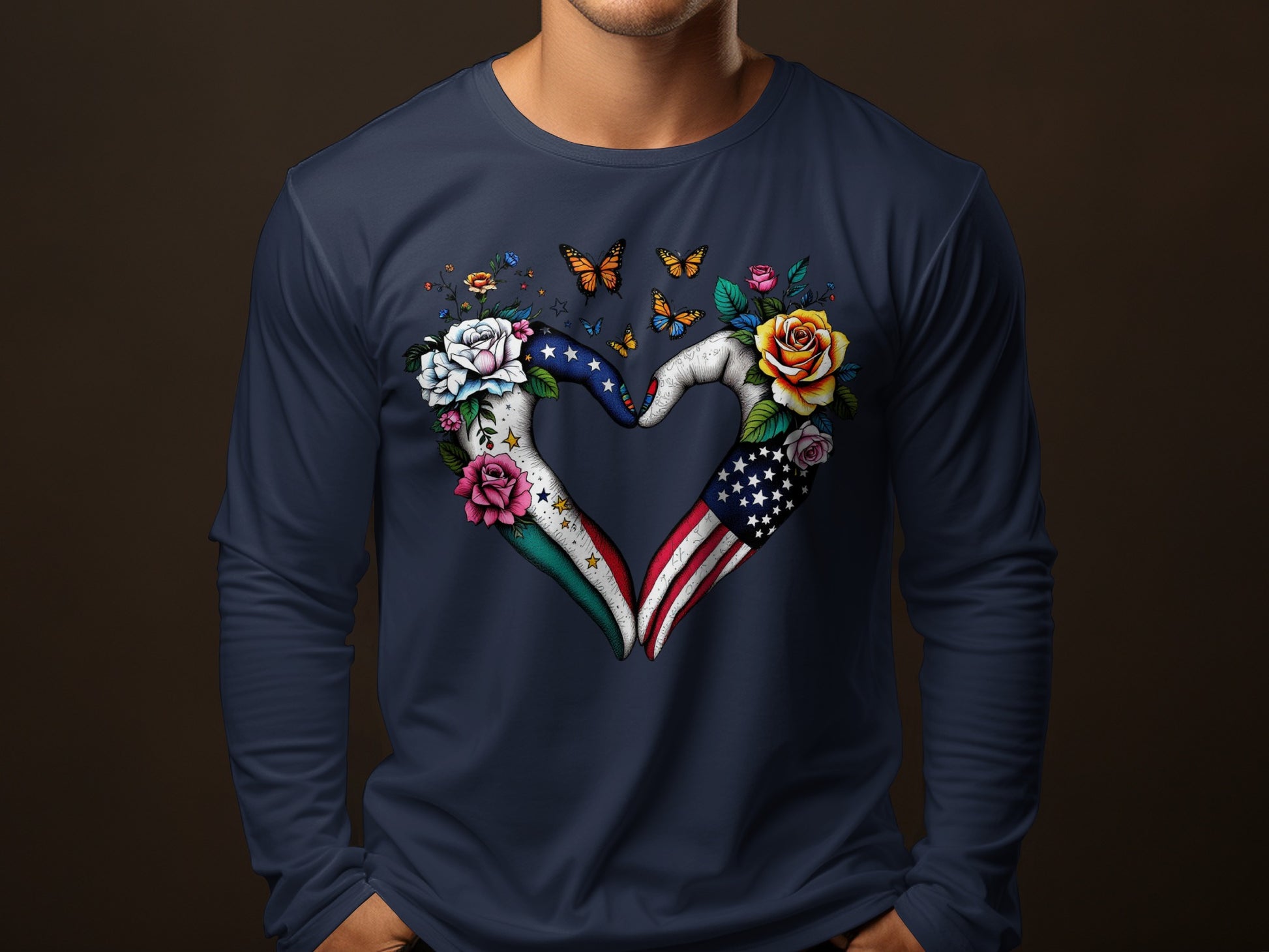 Love Heart with Flags and Flowers Long Sleeve Shirt