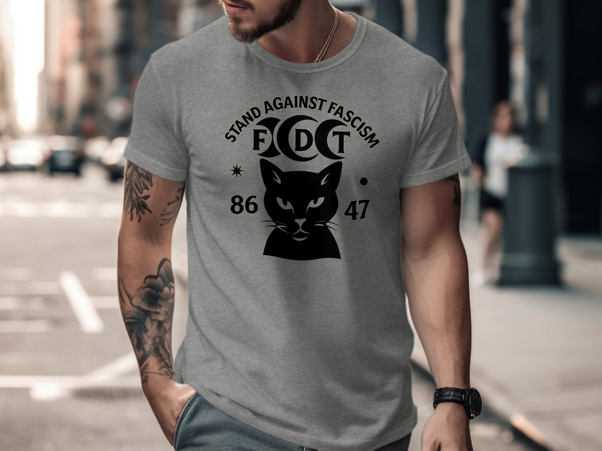 Stand Against Fascism Black Cat Graphic T-Shirt