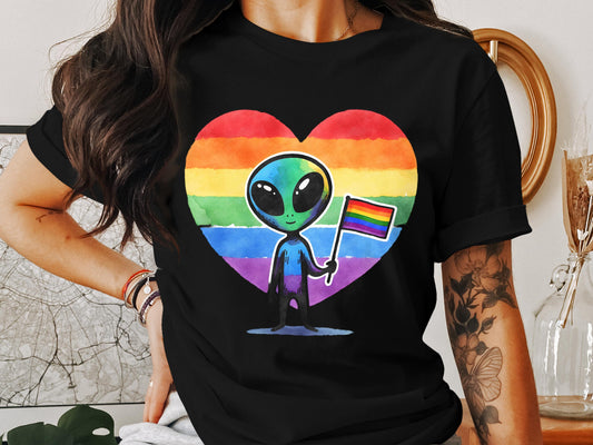 Alien Holding Pride Flag Rainbow Heart T-Shirt product