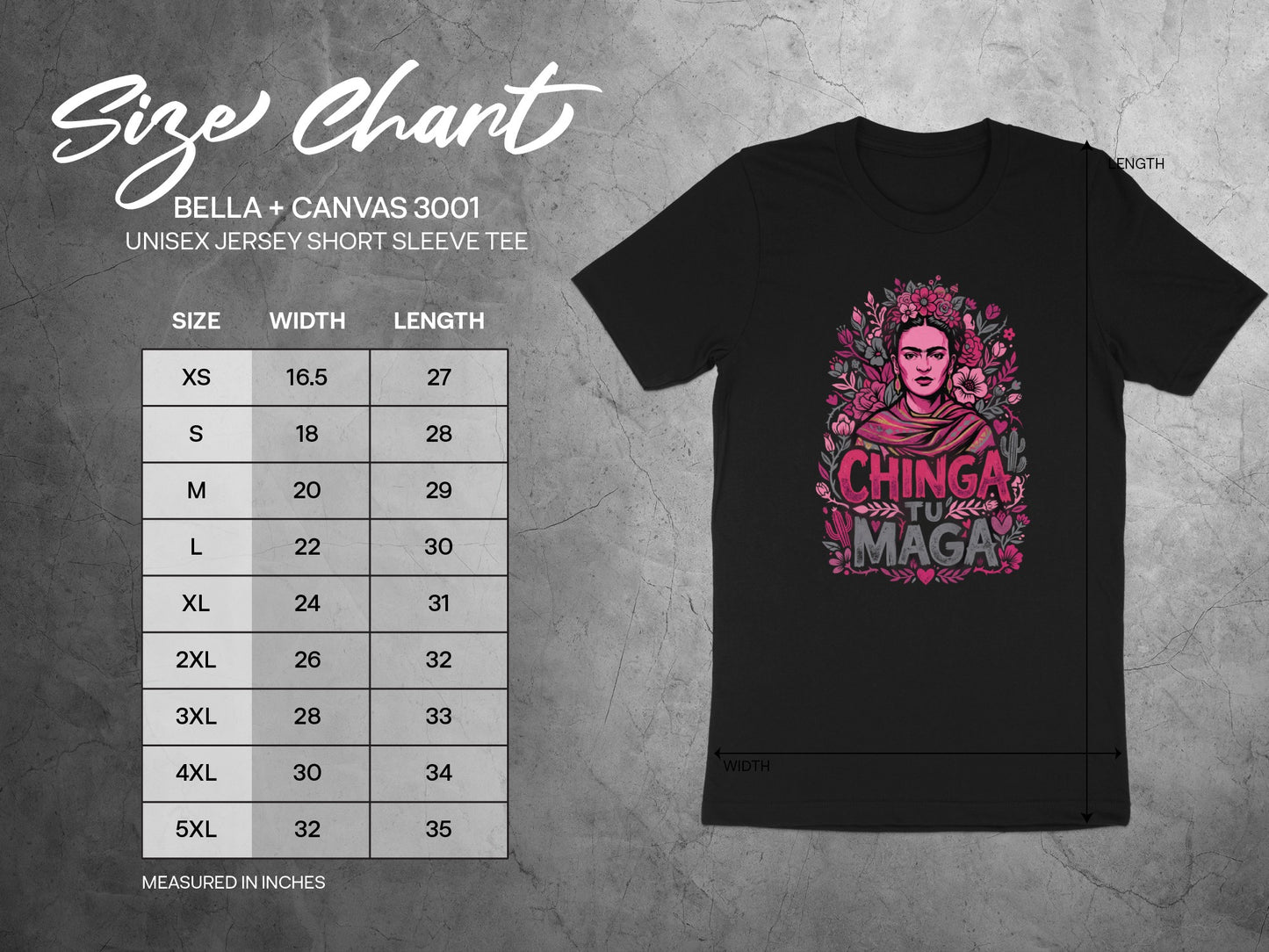Bella + Canvas 3001 unisex tee size chart with measurements and t-shirt graphic.
