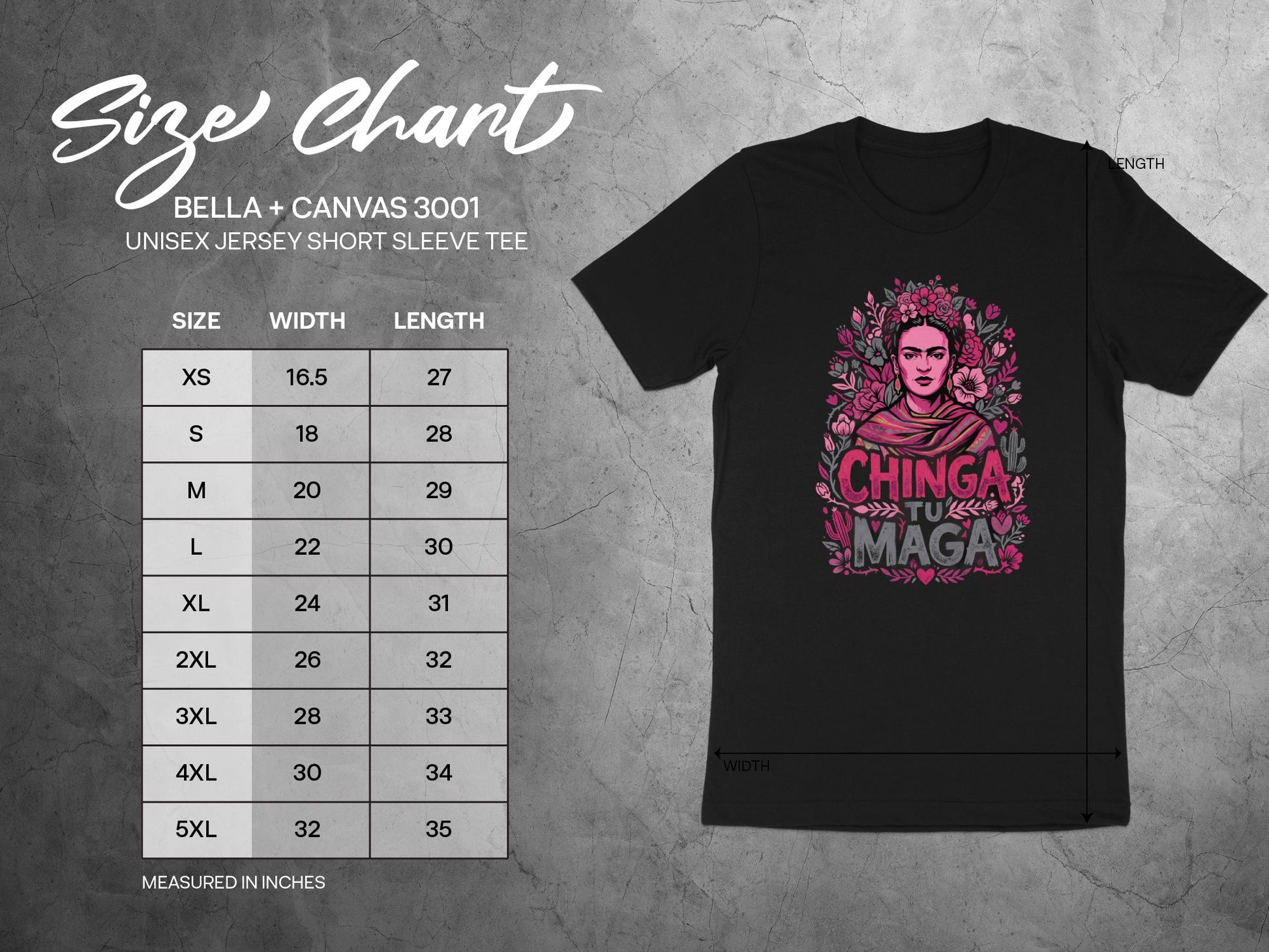 Bella + Canvas 3001 unisex tee size chart with measurements and t-shirt graphic.