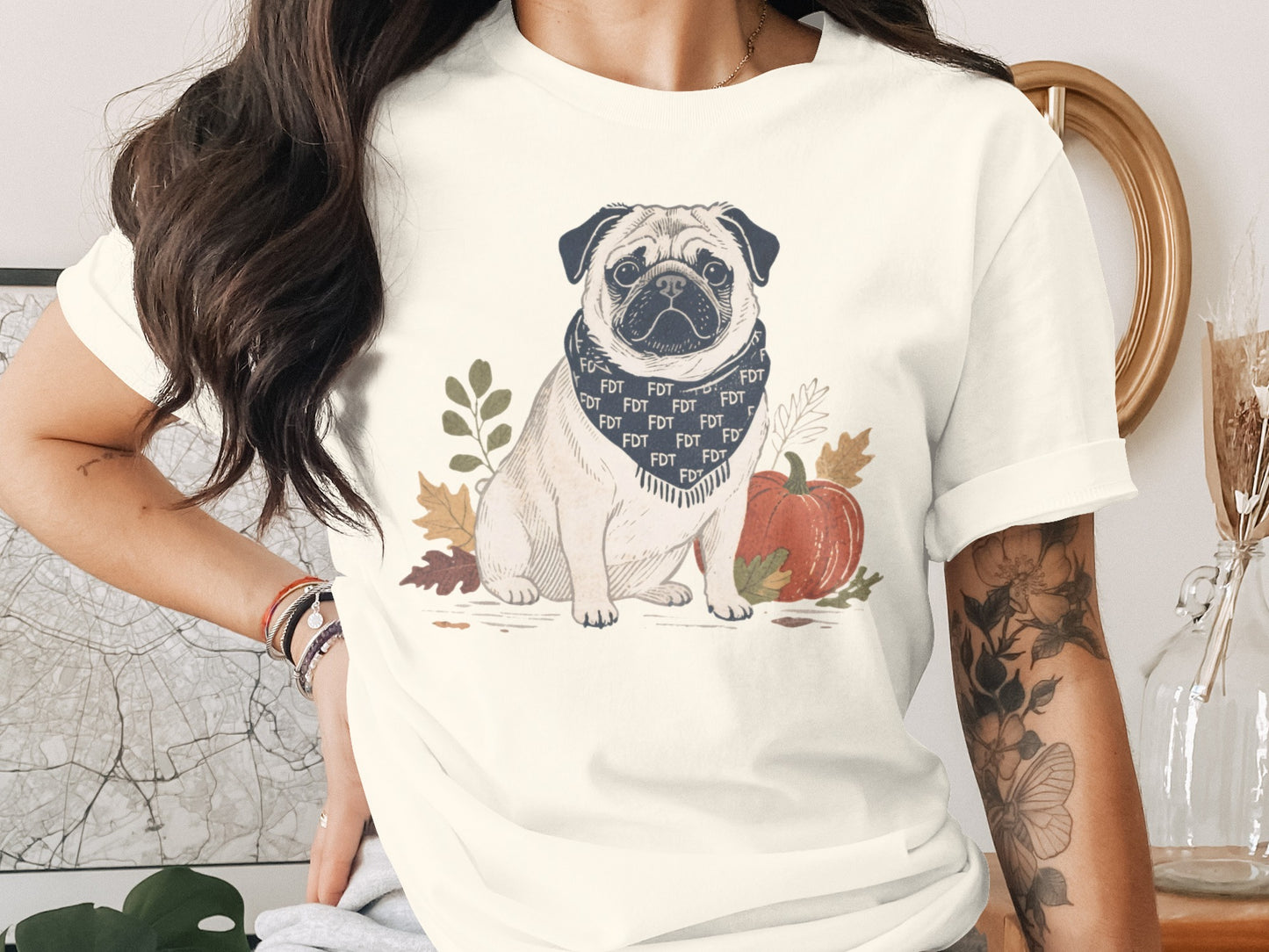 Adorable Pug with Bandana Illustration T-shirt