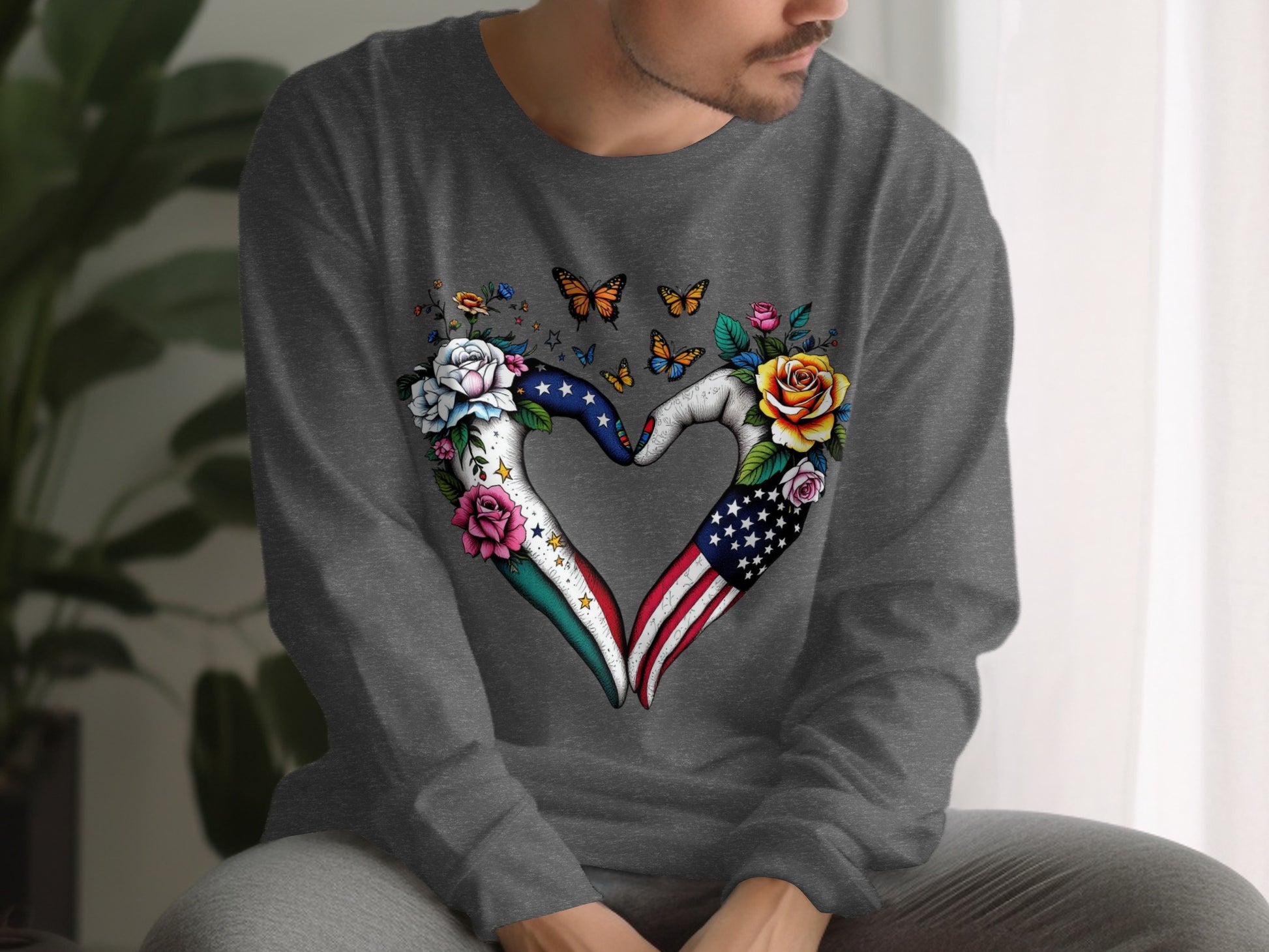 Patriotic Heart and Flowers Long Sleeve Design