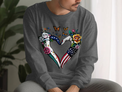 Patriotic Heart and Flowers Long Sleeve Design