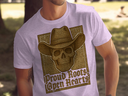 Proud Roots Open Hearts Skull Cowboy Hat T-shirt
