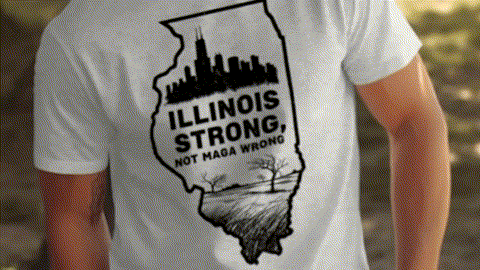a person wearing a white t-shirt with a graphic design featuring the state of Illinois and the text "Illinois Strong, Not Maga Wrong".