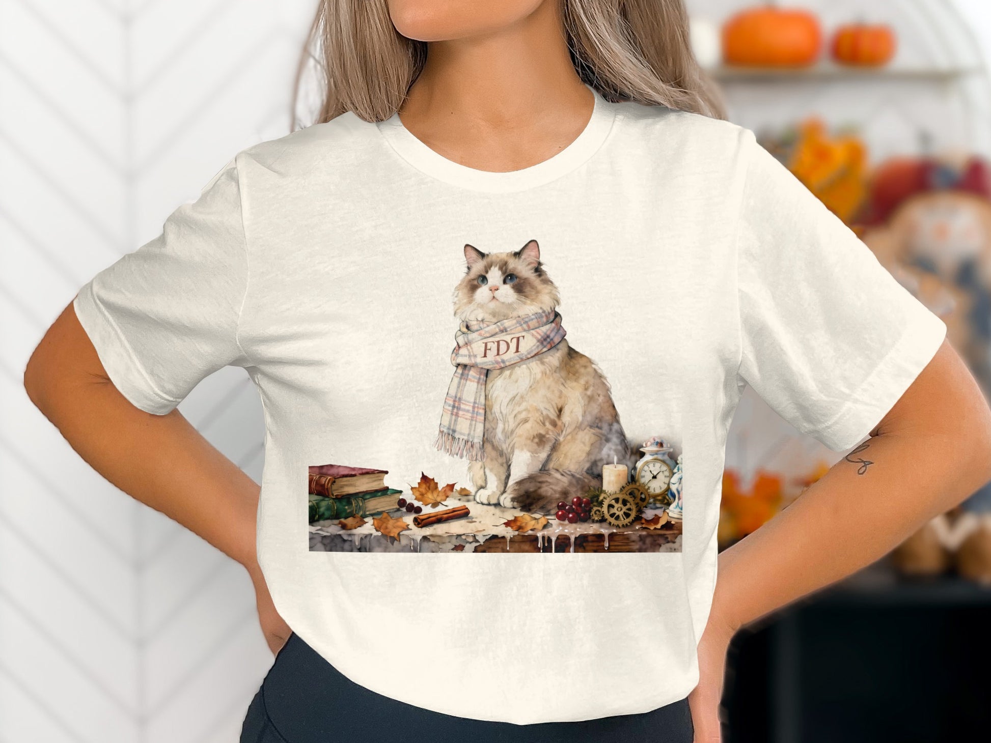 Cozy Cat Fall Scene Graphic Print T-Shirt Product