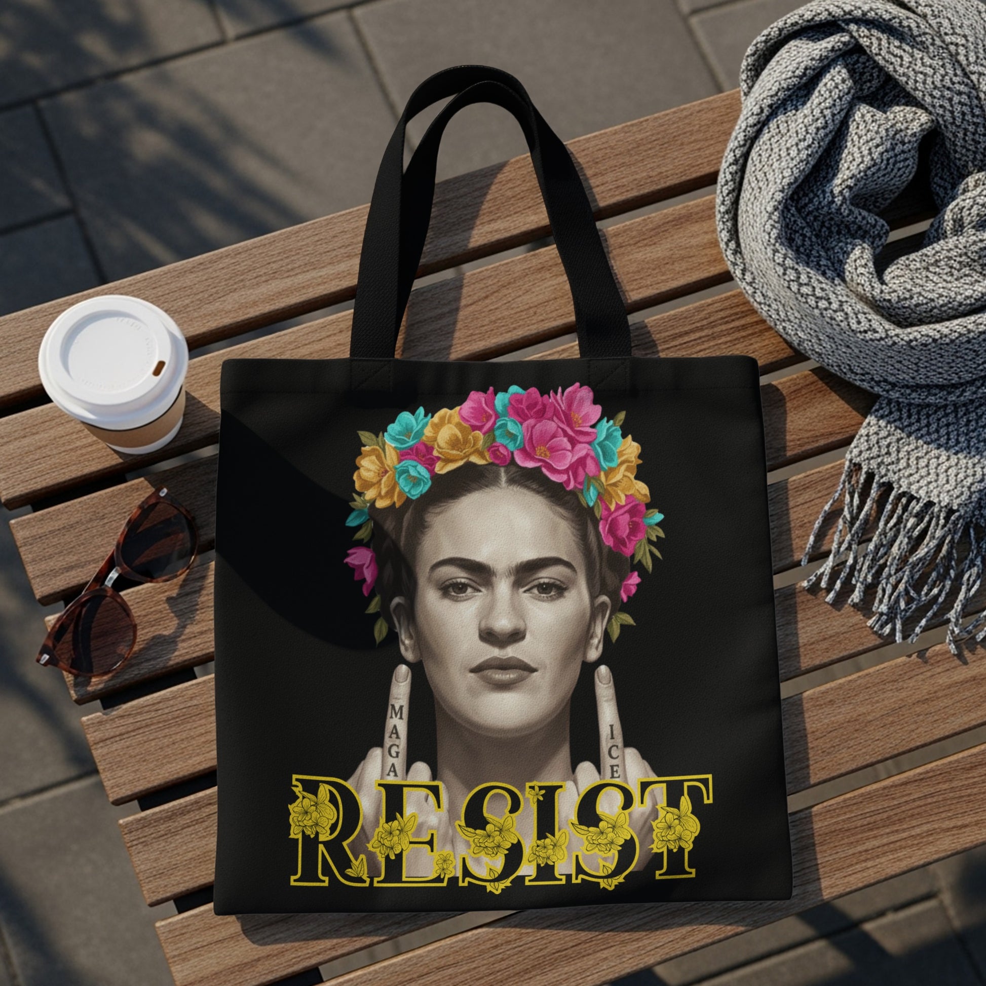 Frida Kahlo wearing a flower crown, with "MAGA RESIST" text.
