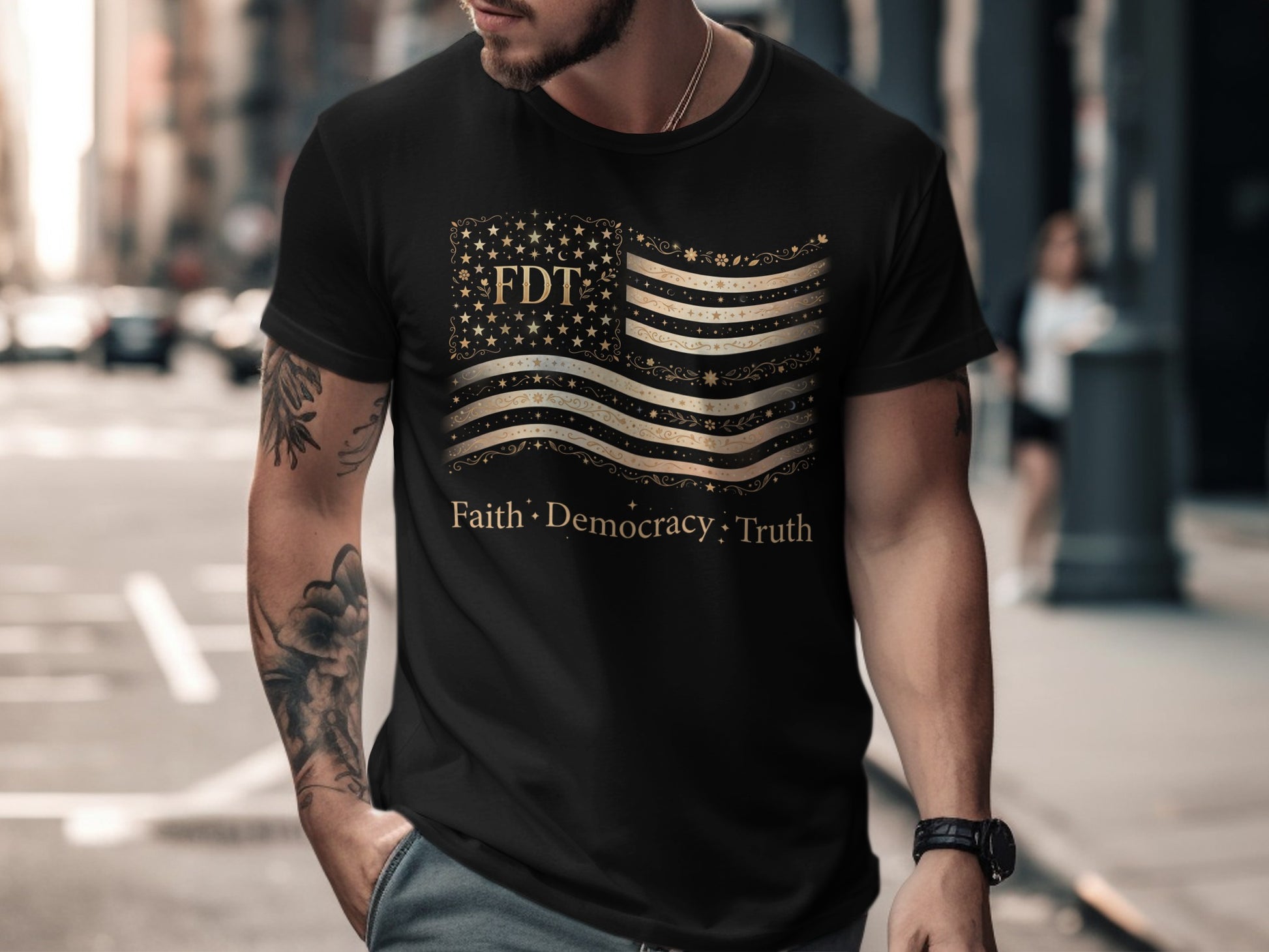 Black t-shirt with FDT flag design, "Faith. Democracy. Truth." text.