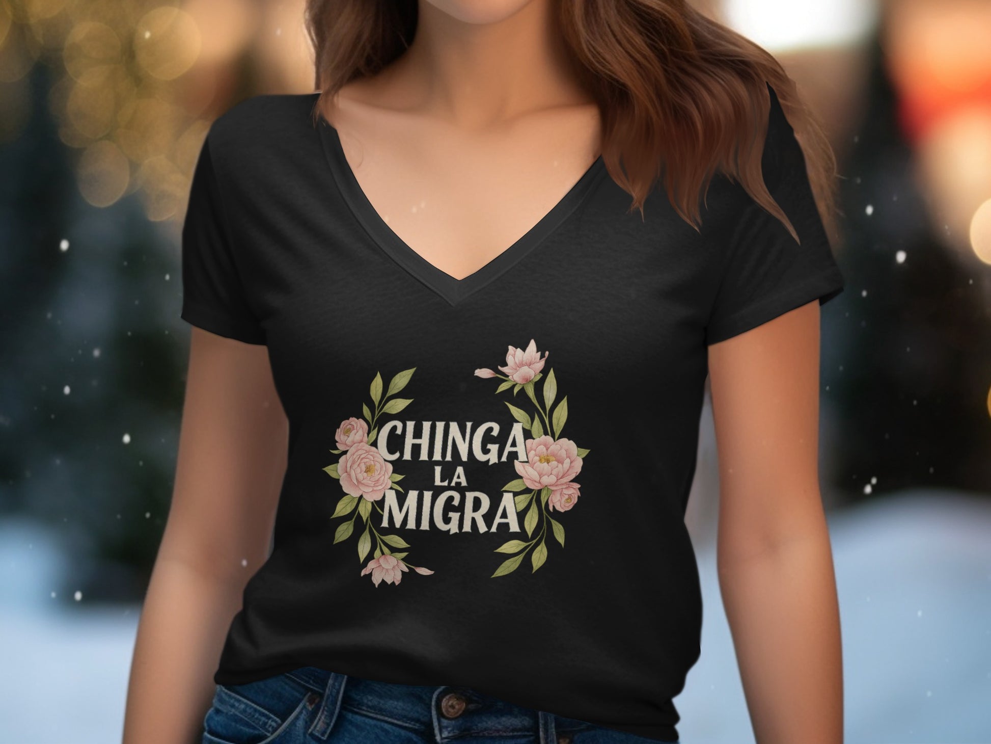 Chinga La Migra Floral Design Black T-Shirt product