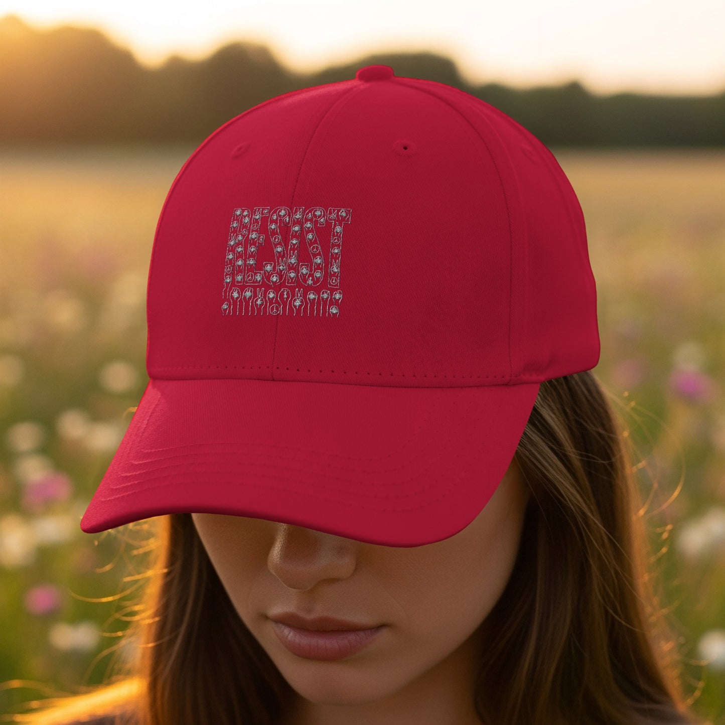 Eye-catching red hat with RESIST Typography design product