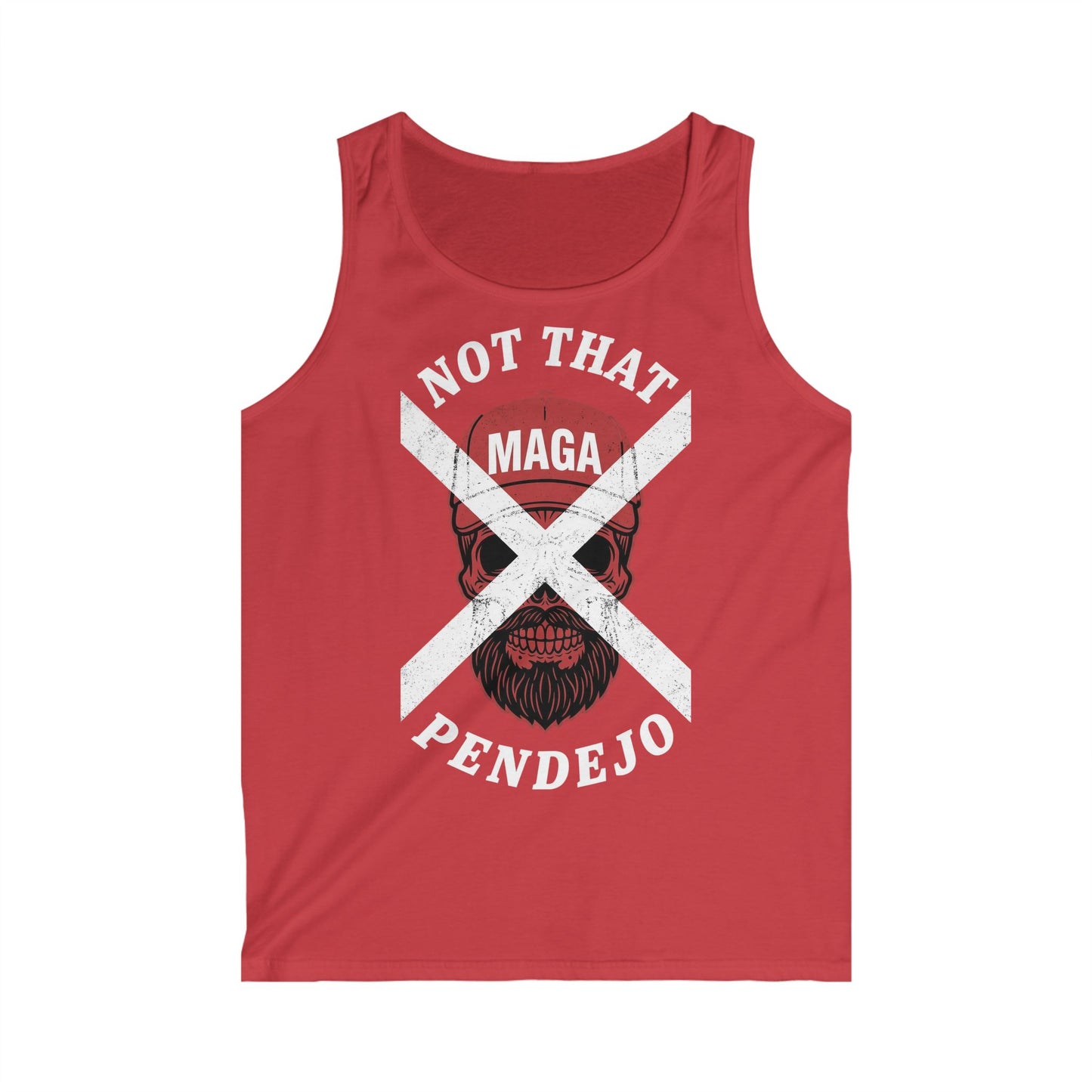 Red tank top with skull graphic and "NOT THAT MAGA PENDEJO" text.