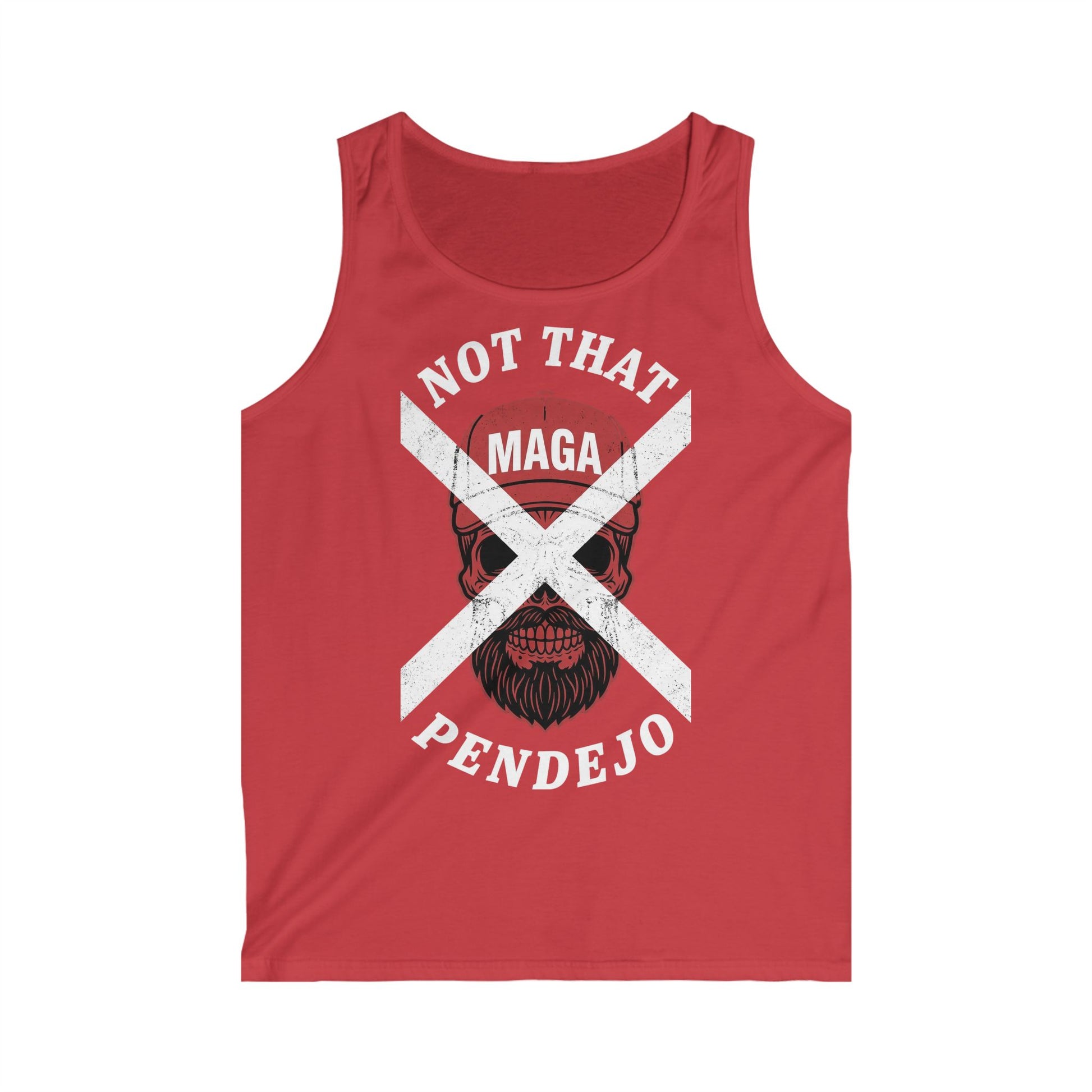 Red tank top with skull graphic and "NOT THAT MAGA PENDEJO" text.
