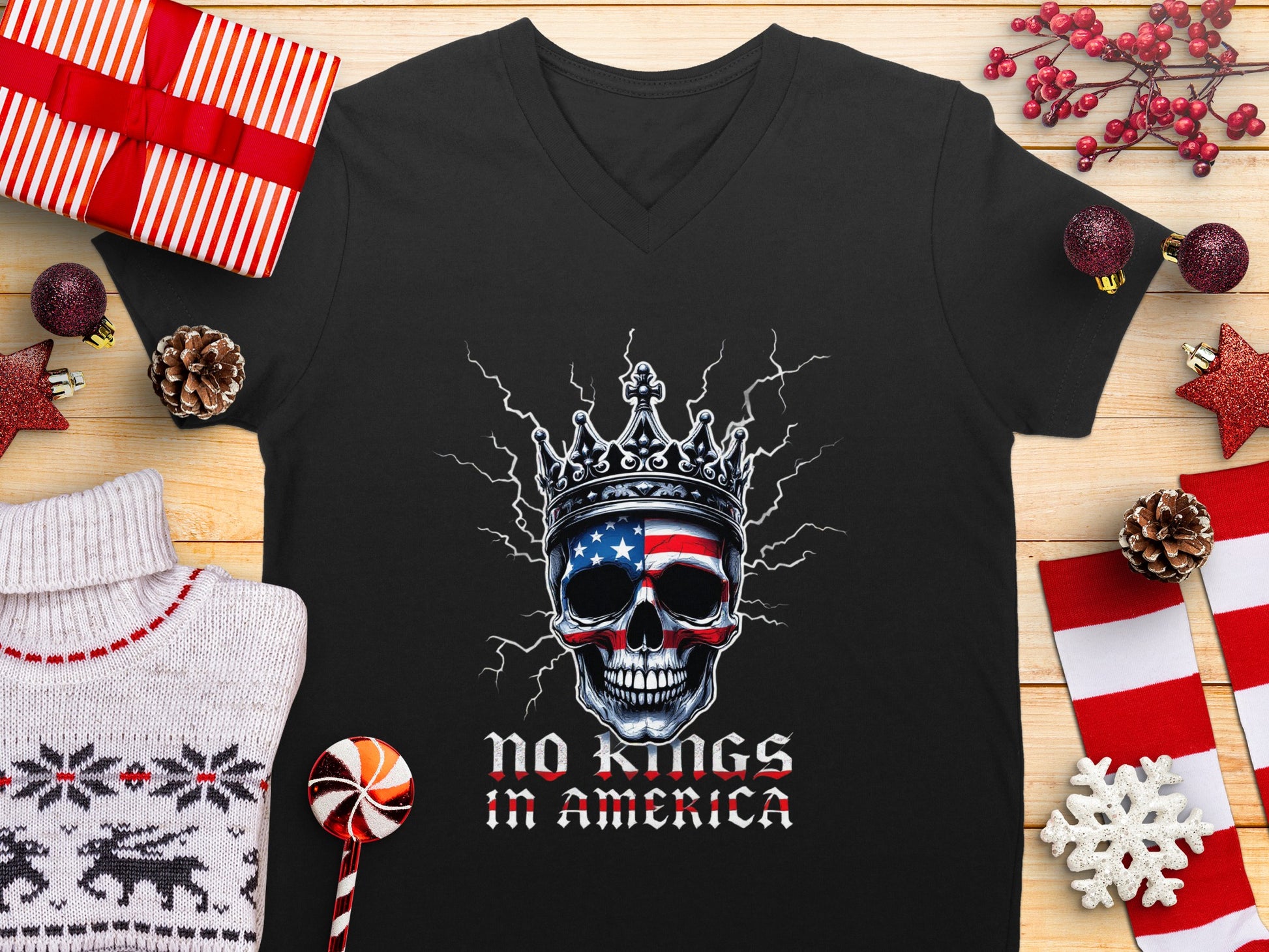 No Kings in America Skull Design T Shirt Holiday Gift