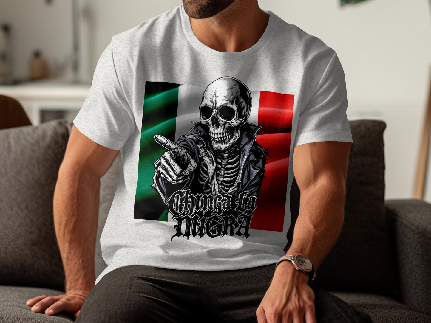 Chinga La Migra Skeleton with Mexican Flag T-shirt product type