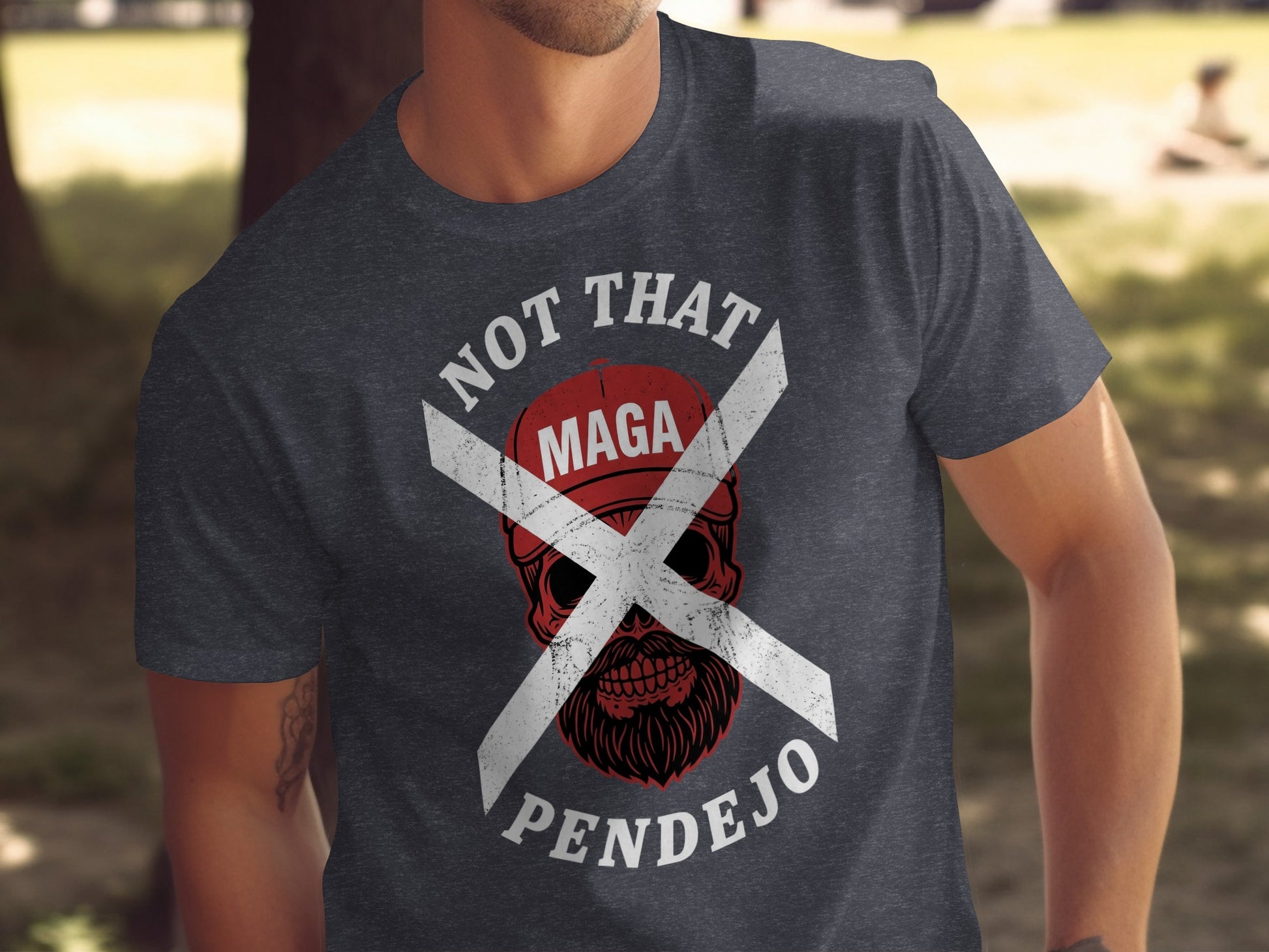 Dark t-shirt with skull, red MAGA hat, and text.
