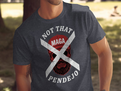 Dark t-shirt with skull, red MAGA hat, and text.