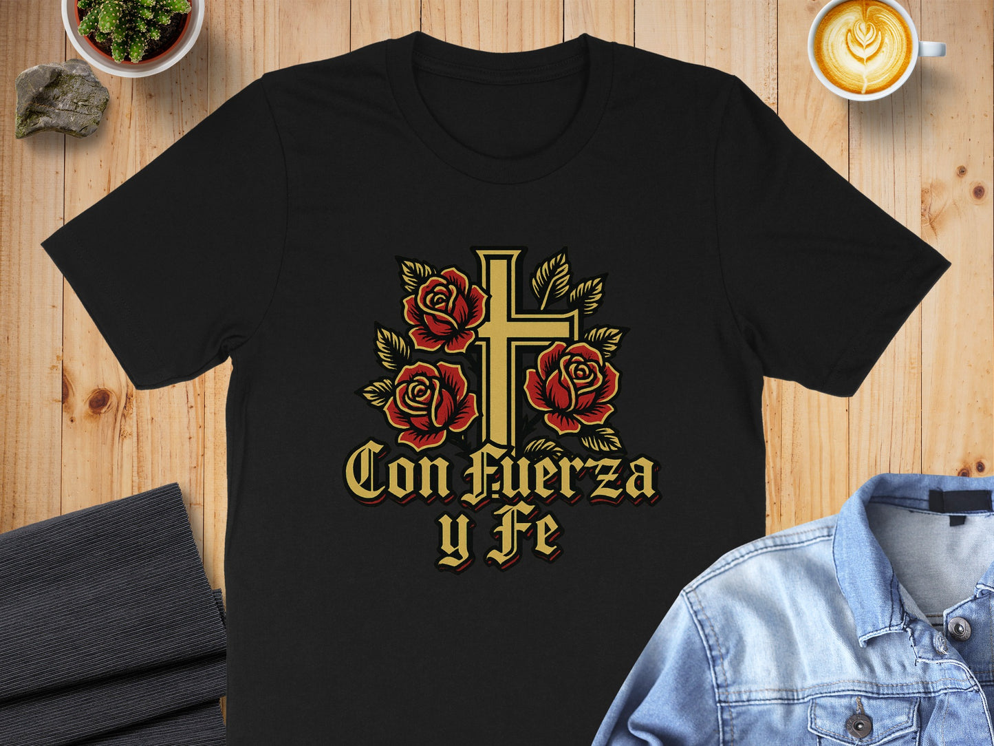 Con fuerza y fe cross rose graphic t-shirt product