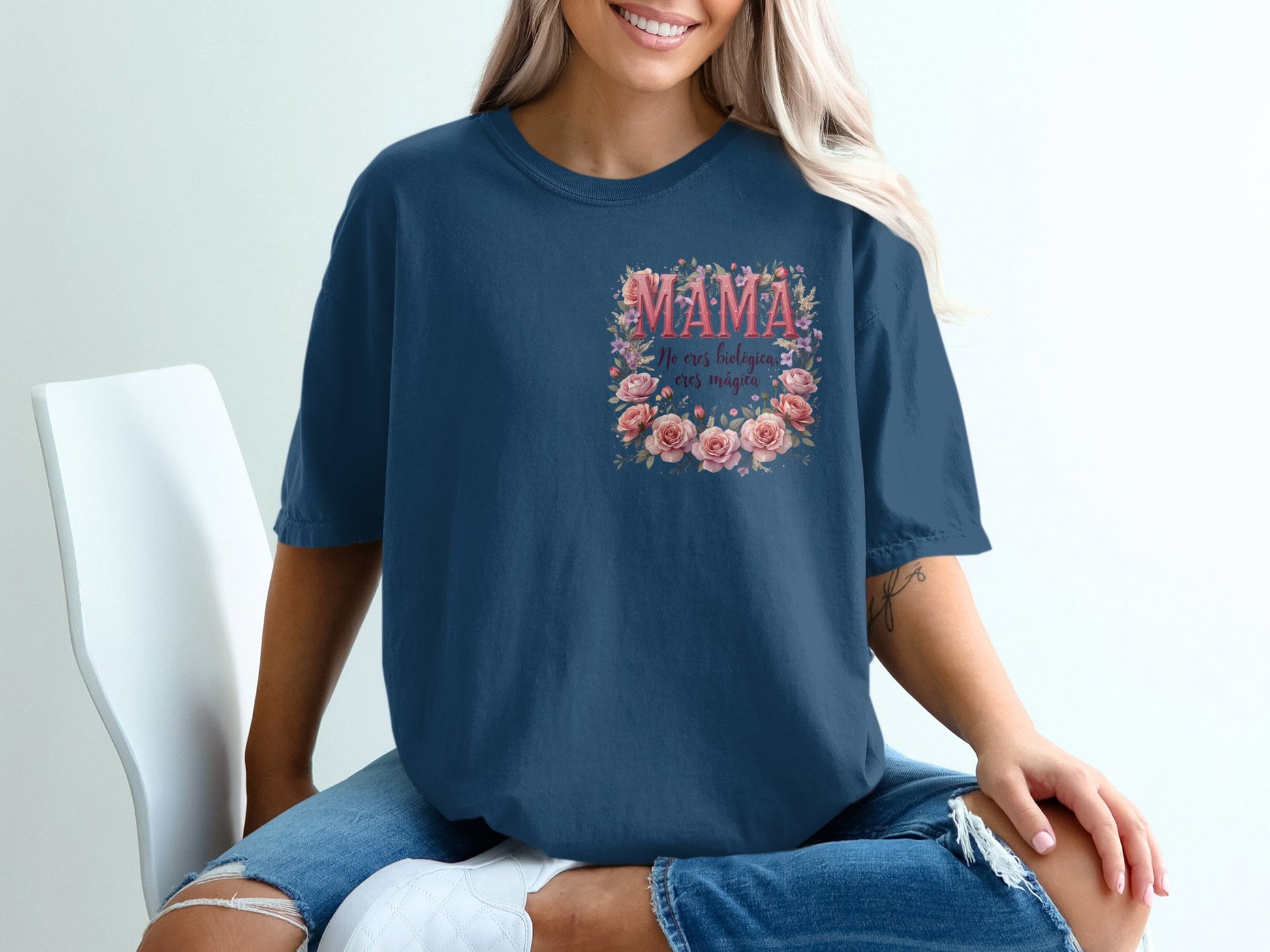 MAMA Flower Graphic Print Blue Oversized T-Shirt product type