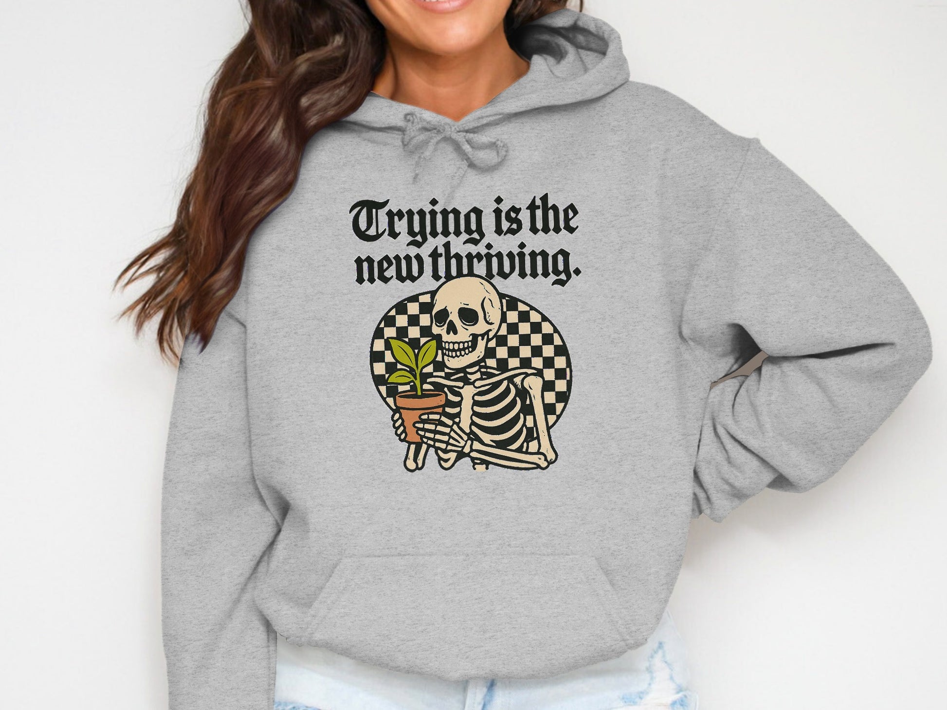 Trying is the new thriving skeleton hoodie product