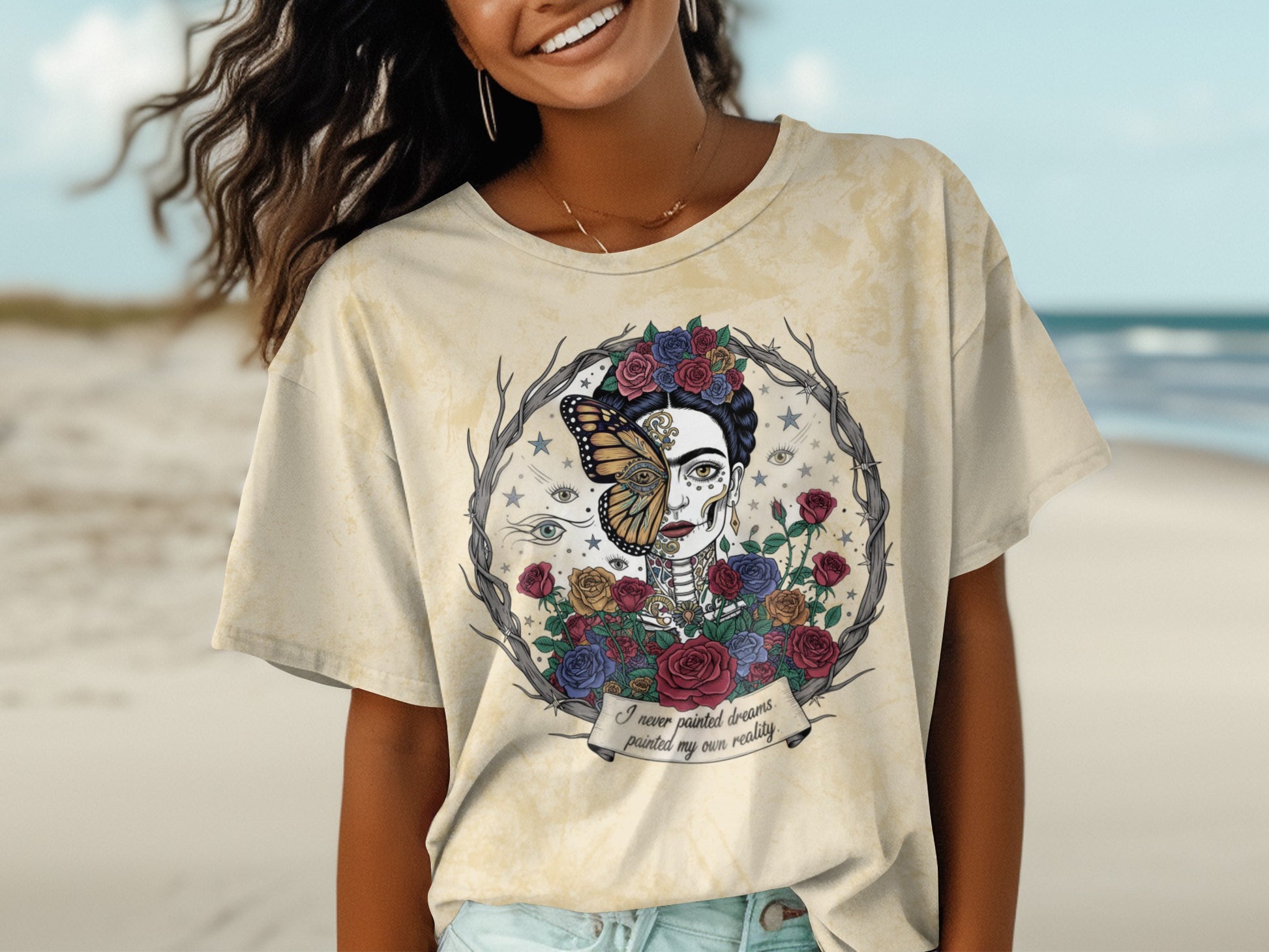 Artistic Butterfly Face Graphic T-Shirt with Floral Design