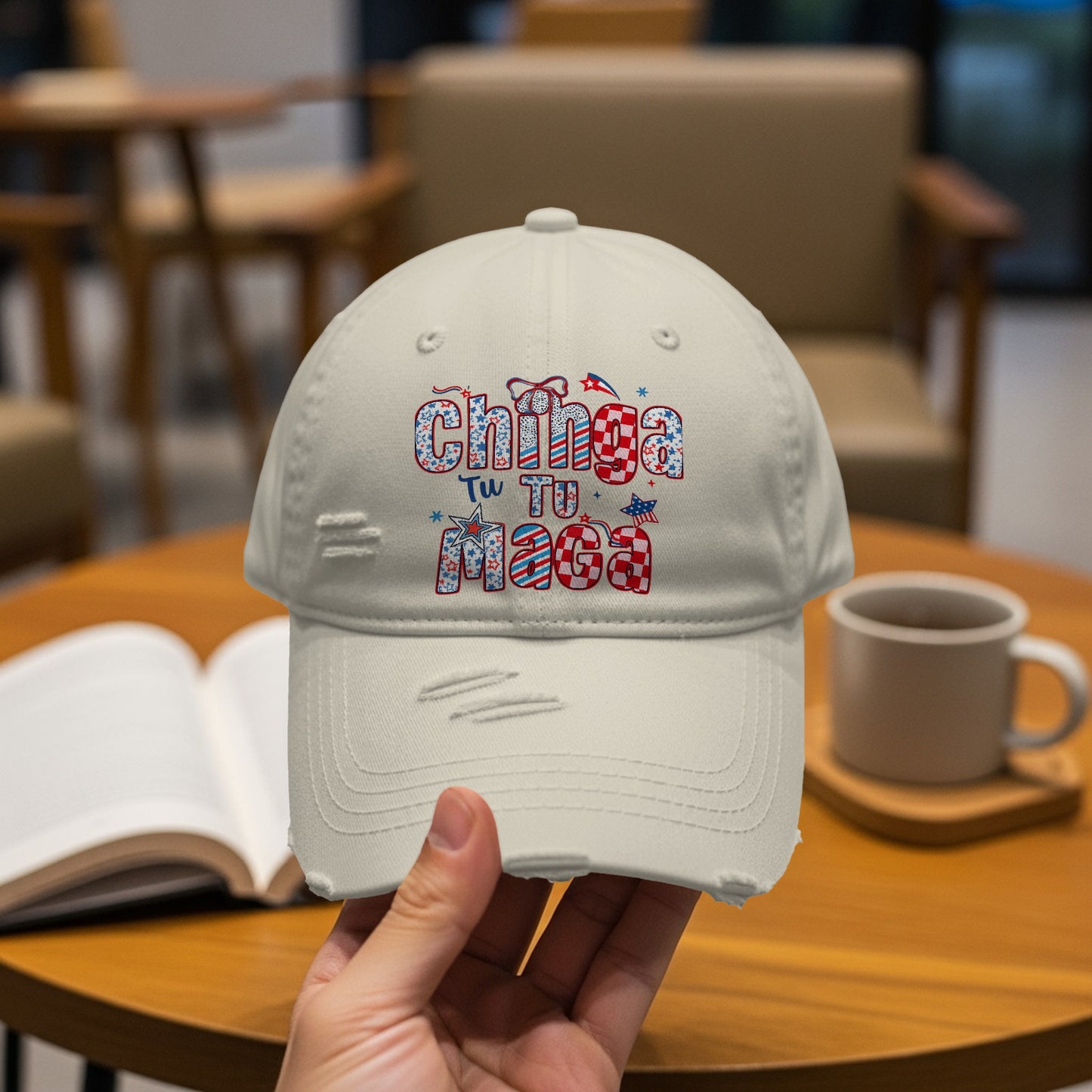 Chinga Tu Maga Embroidered Distressed Look Hat product