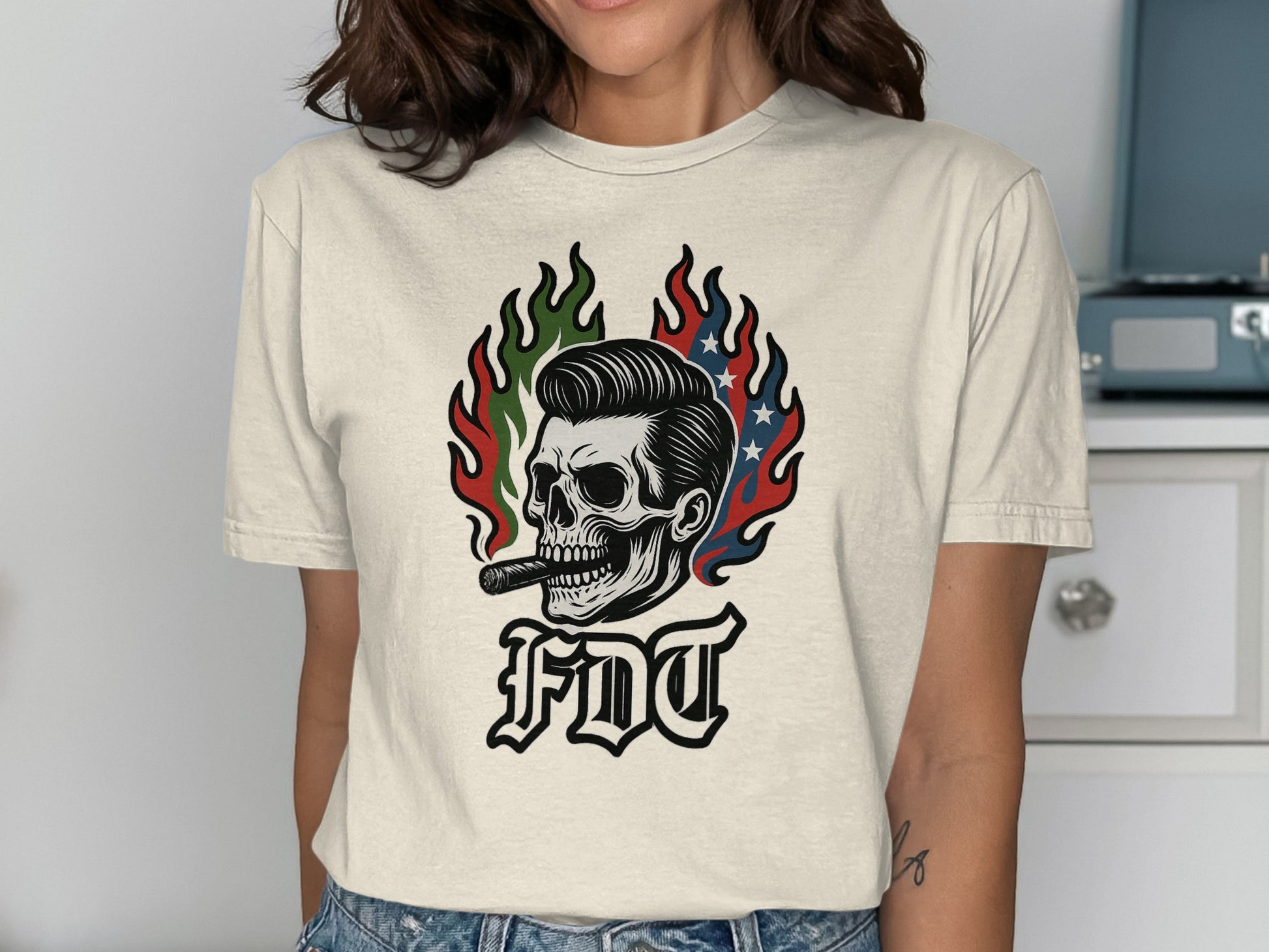 Skull with Flames and FDT Text Graphic T-shirt product