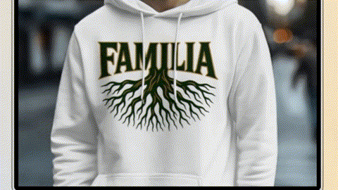 A person wearing a white hoodie with the word "FAMILIA" printed on it.