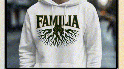 A person wearing a white hoodie with the word "FAMILIA" printed on it.