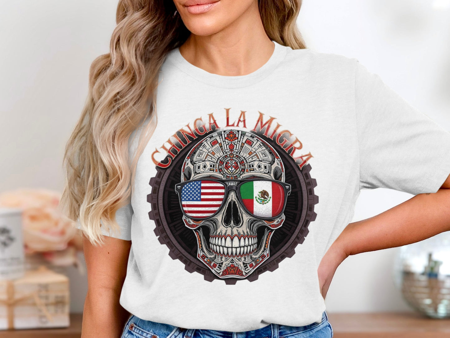 Chinga La Migra Skull and Flags Graphic Tee product