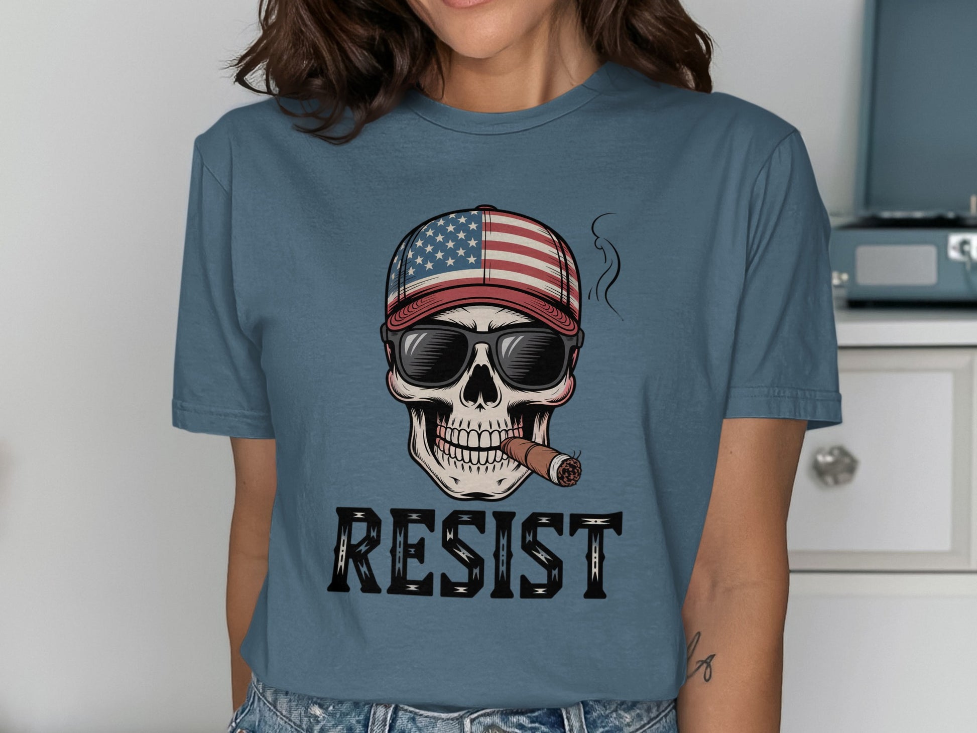Resist Skull Smoking American Flag Hat T-Shirt product