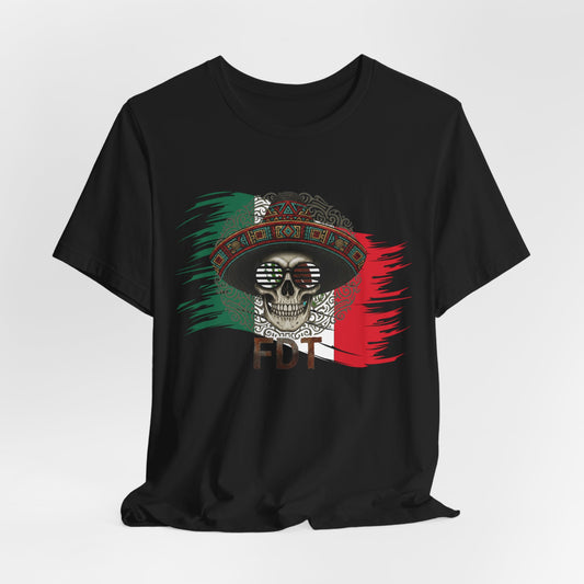 Skull wearing sunglasses and sombrero with Mexican flag background.