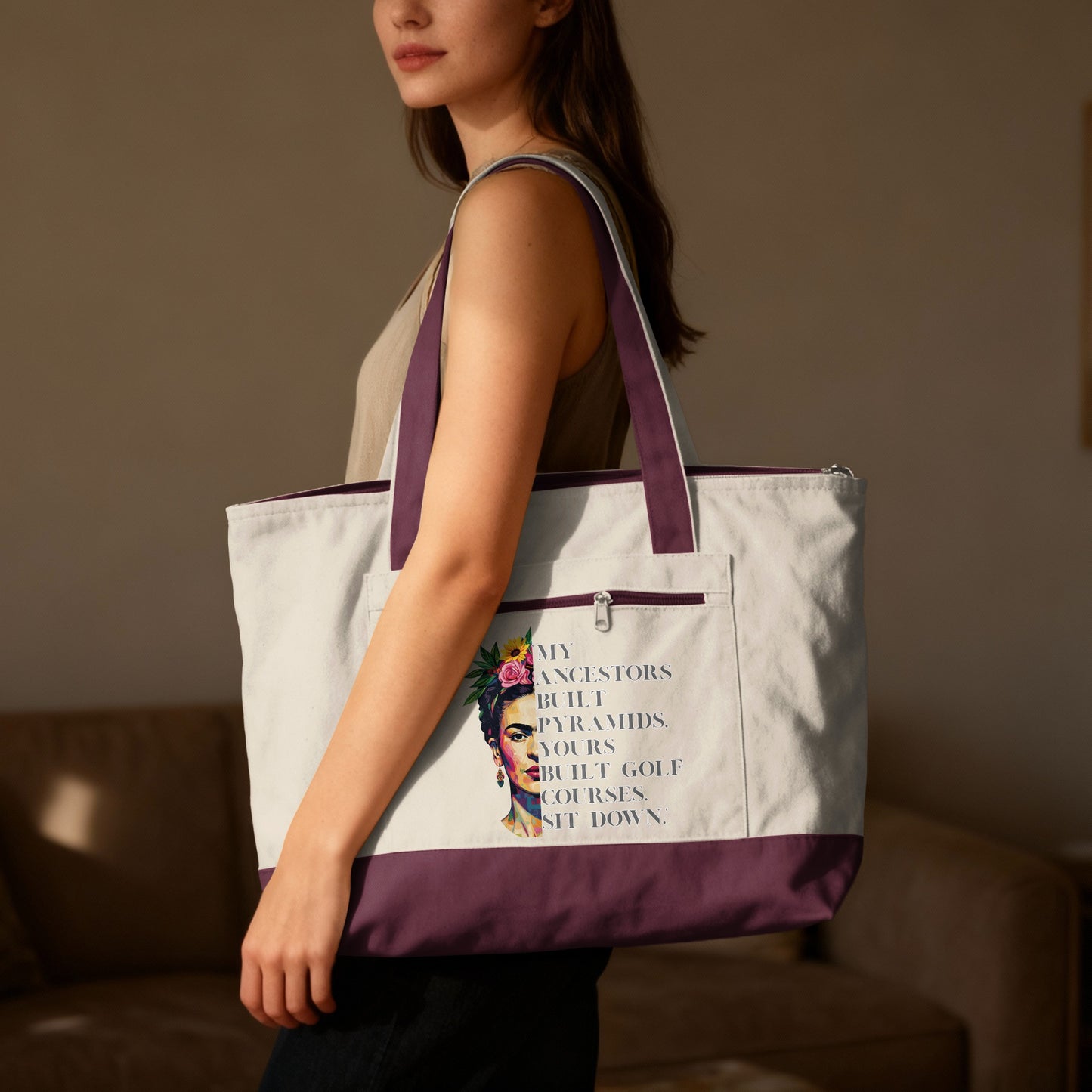 Tote bag with Frida Kahlo portrait and quote "My ancestors built pyramids. Yours built golf courses."