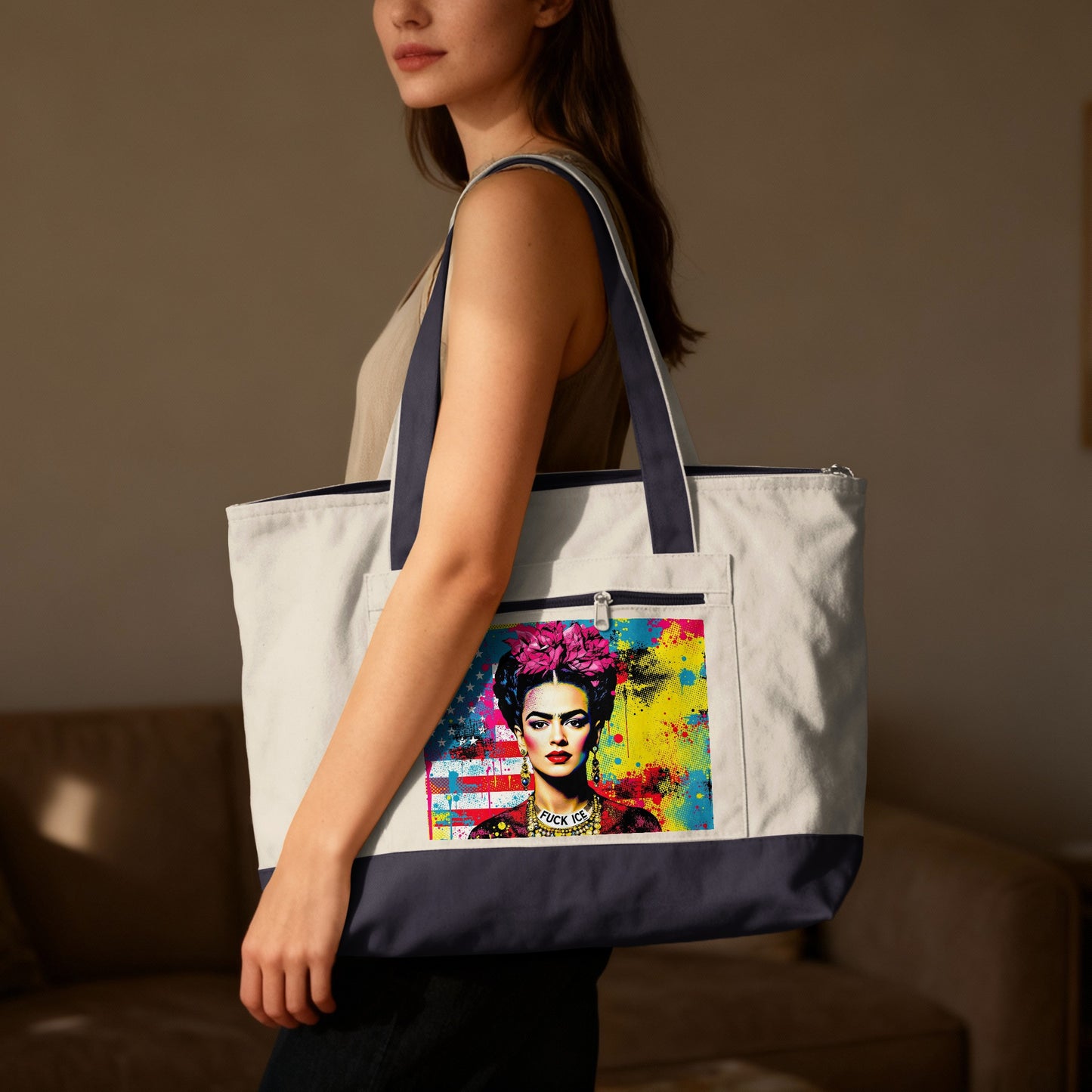 Tote bag with Frida Kahlo artwork, American flag, and "FUCK EM" text.