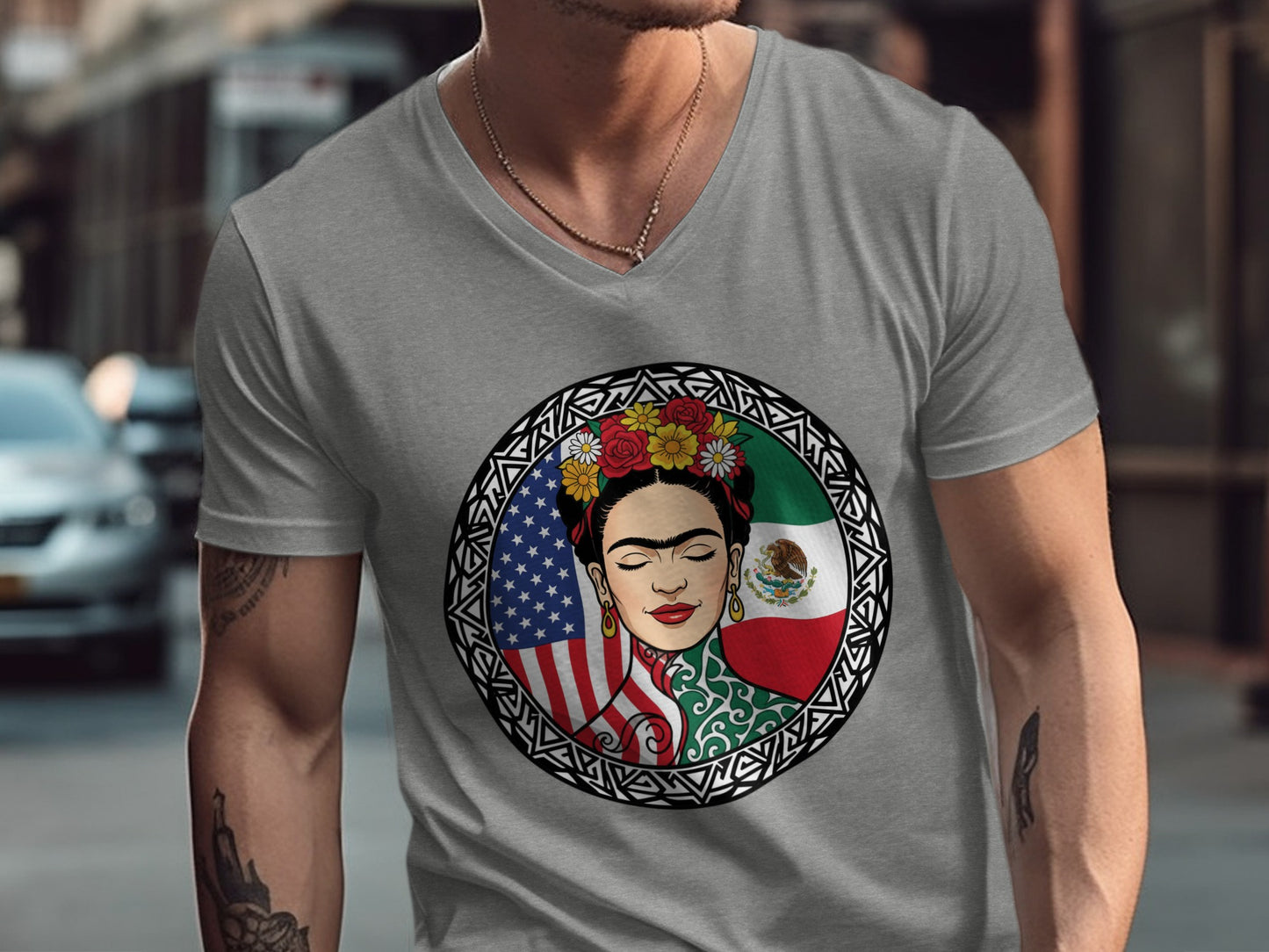 Frida Kahlo Graphic Tee with Flags and Flowers Design