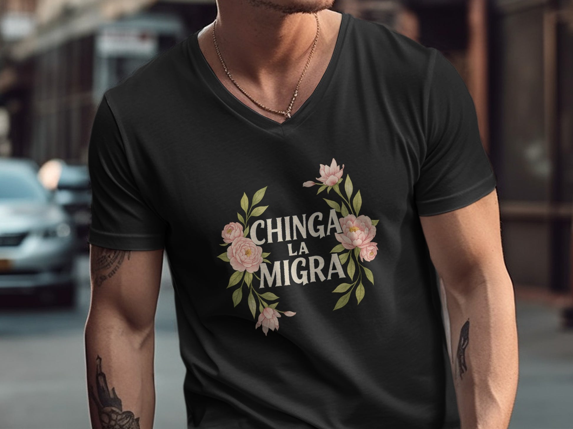 Chinga La Migra Floral Design Black T-shirt product type