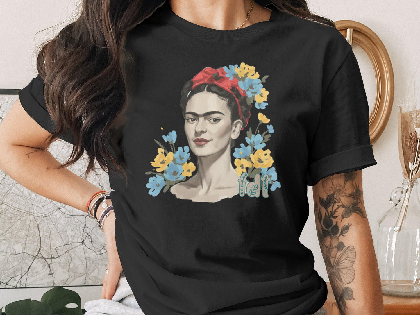 Colorful Portrait of Iconic Painter on Black Shirt