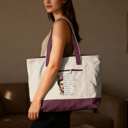 Tote bag with Frida Kahlo graphic and empowering quote about voting.