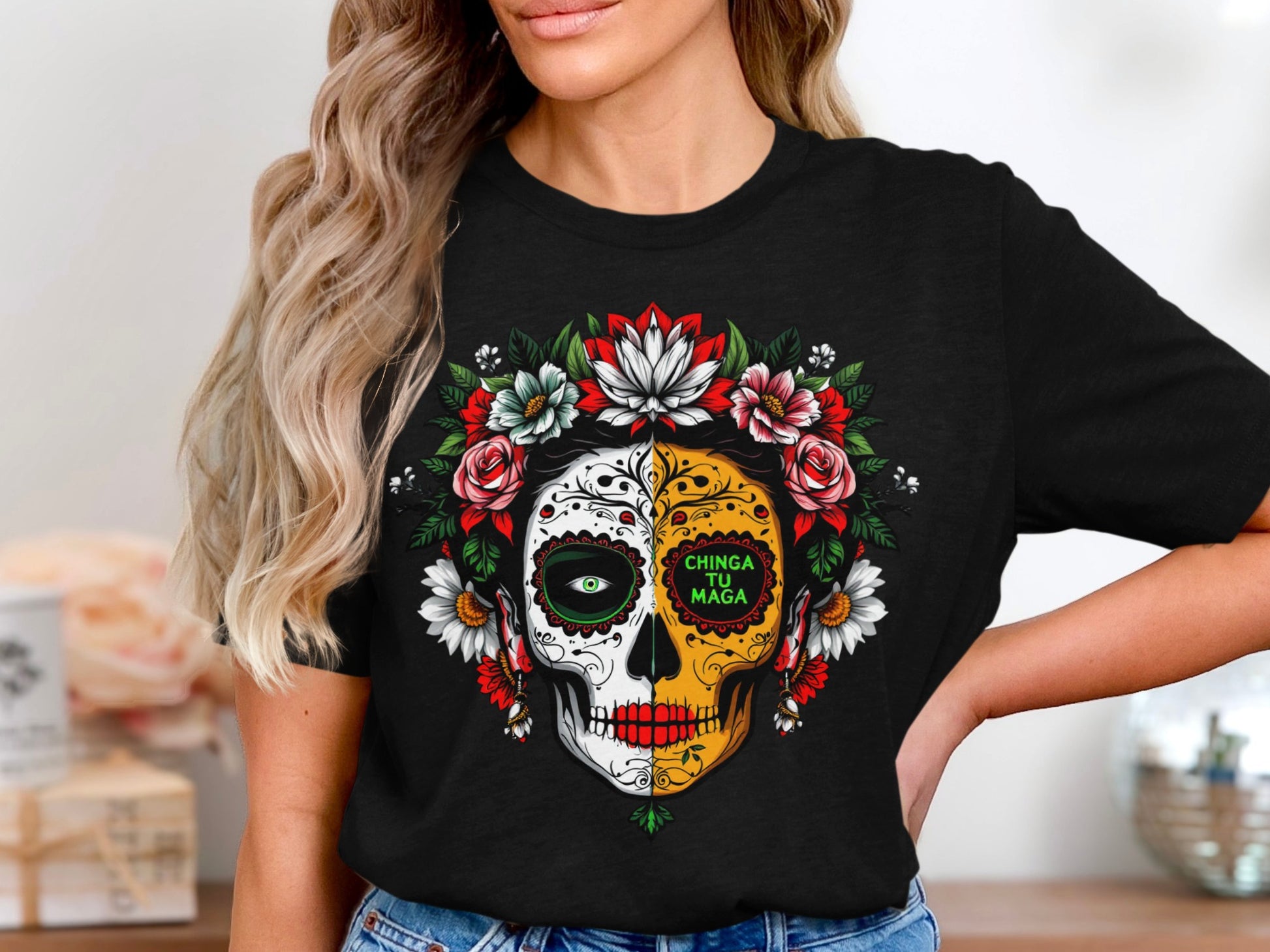 Chinga Tu Maga Sugar Skull Design Black T-Shirt product