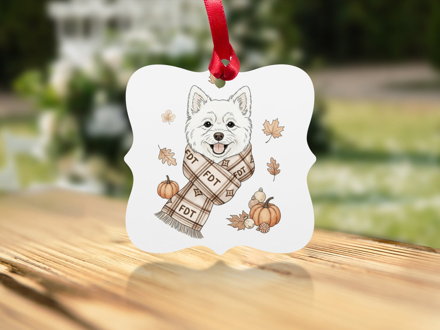 Cute Dog in Scarf with Pumpkins and Leaves Ornament