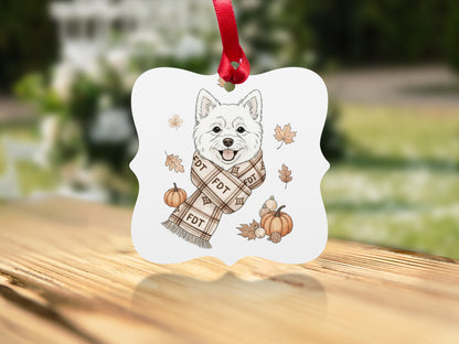 Cute Dog in Scarf with Pumpkins and Leaves Ornament