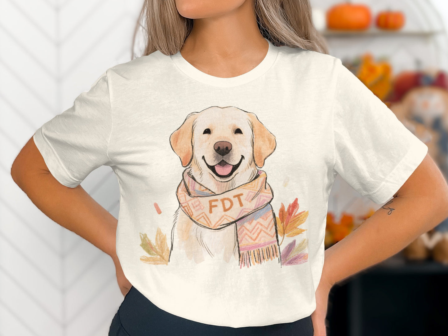 Autumn Dog with Scarf Print Crew Neck T-shirt