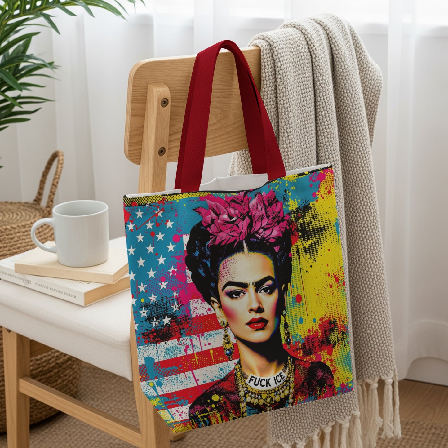 Tote bag featuring Frida Kahlo with American flag background and "Fuck Ice" text.