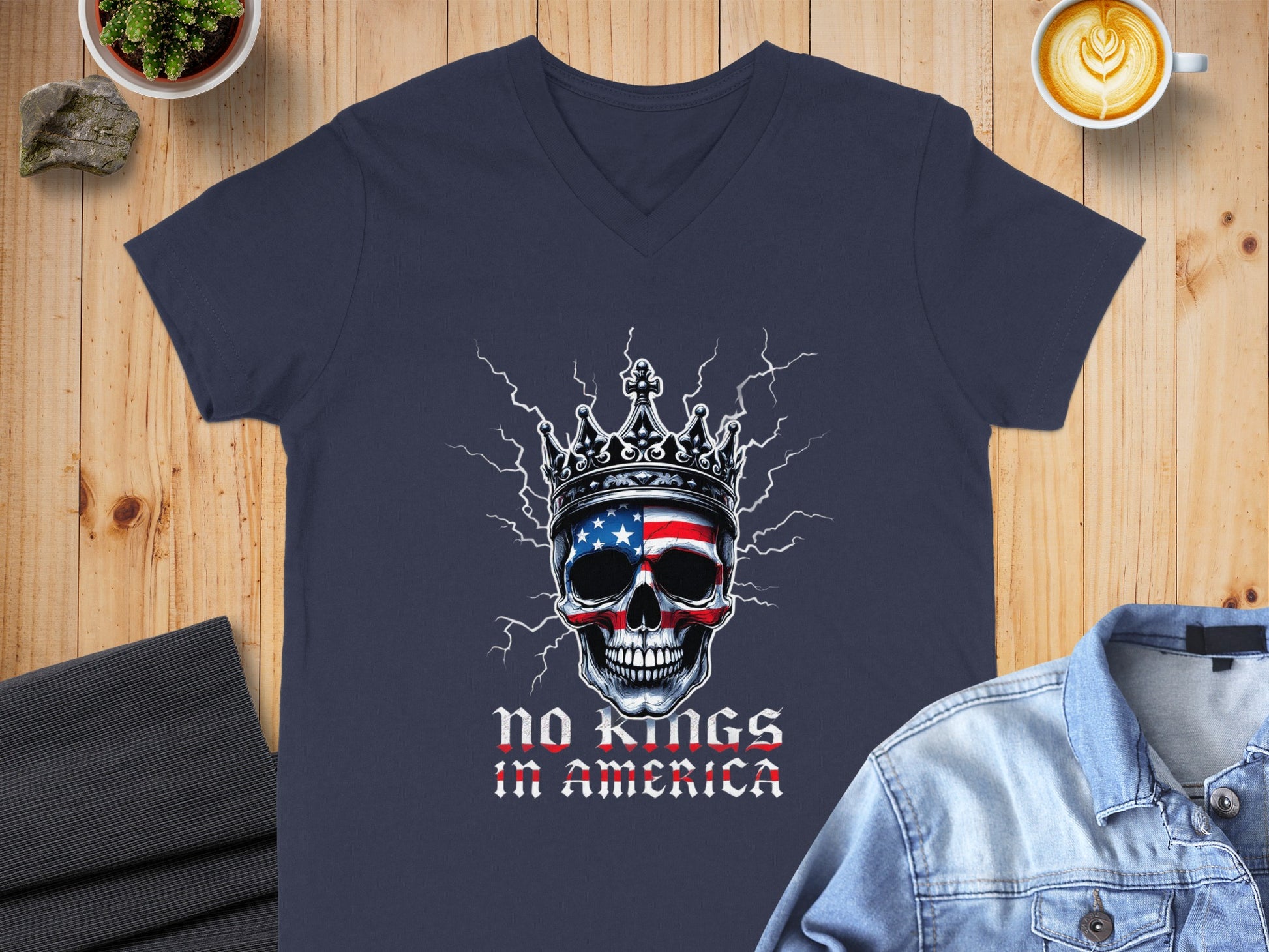 No Kings in America Skull Graphic V-Neck T-Shirt