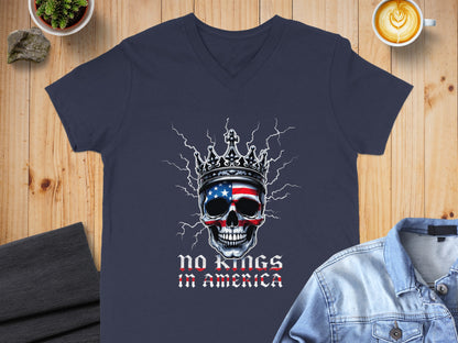 No Kings in America Skull Graphic V-Neck T-Shirt