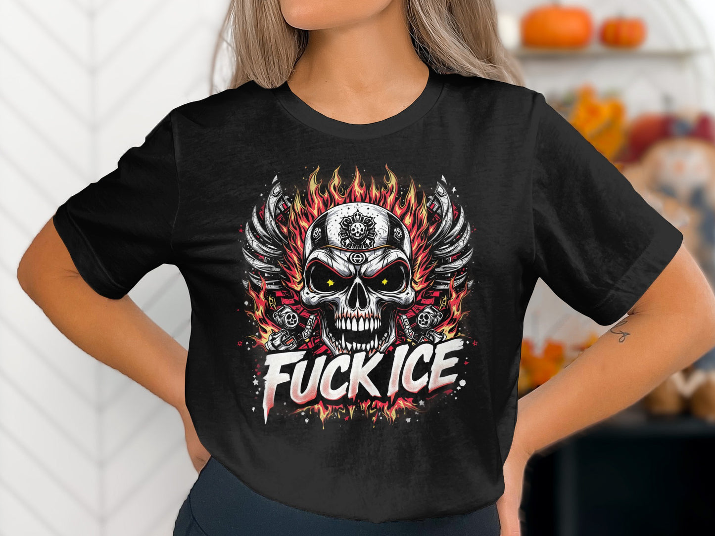 Fuck ICE Skull With Flames Design Tee