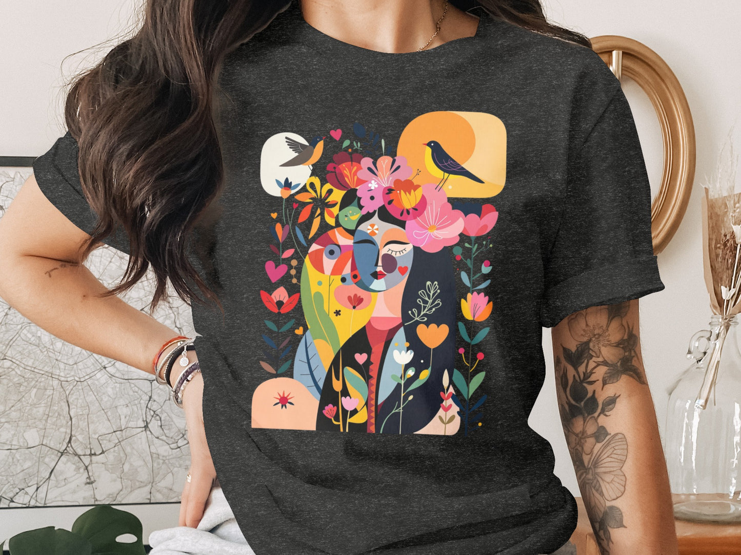 Colorful Abstract Woman Floral Birds Artistic Print product type